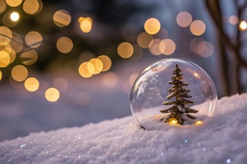 Christmas snow globe with tree, sparkling snow and warm bokeh