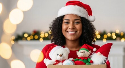 Young black woman volunteer smiling while holding festive toys in a box, toy drive, Christmas charity