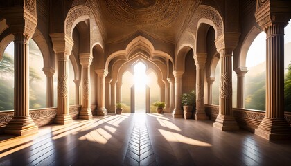 interior with stone pillars intricate carvings and soft natural light streaming through