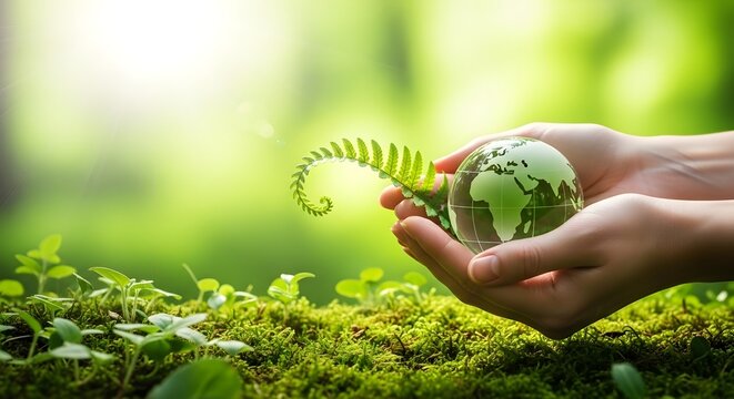 Hands holding green globe with fern in nature