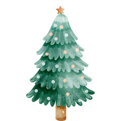 Watercolor Christmas Tree Illustration with Star Topper and Soft Decorative Ornaments for Cozy Holiday Seasonal Designs