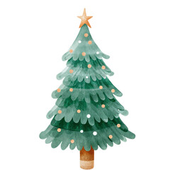 Watercolor Christmas Tree Illustration with Golden Star Topper and Soft Festive Ornaments for Cozy Winter Holiday Designs