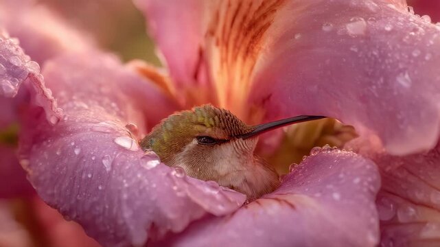 colorful tiny hummingbird peacefully sleeping inside a massive soft pink Tabebuia flower, nestled like in a natural cocoon. Its delicate body is barely visible among the petals