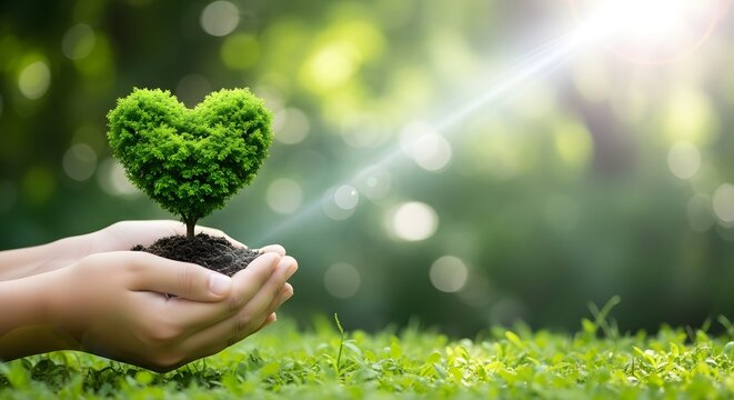 Hands holding heart shaped plant symbolizing love for nature