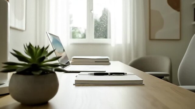 Bright Minimal Modern Desk Setup with Laptop and Plants at Window.