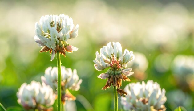 Close-up of white clover flowers in a sunlit green field