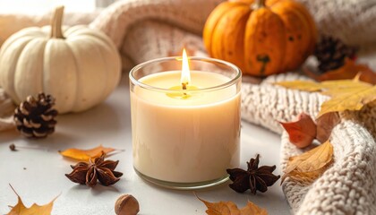 Cozy autumn scene with lit candle, pumpkins, leaves, and knitted throw