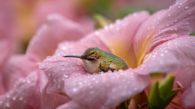 colorful tiny hummingbird peacefully sleeping inside a massive soft pink Tabebuia flower, nestled like in a natural cocoon. Its delicate body is barely visible among the petals