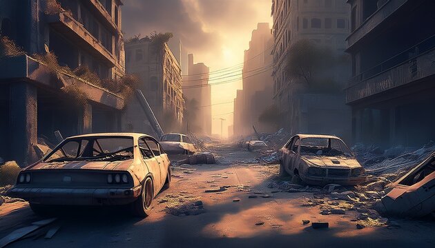 scene with empty streets destroyed cars and crumbling concrete structures