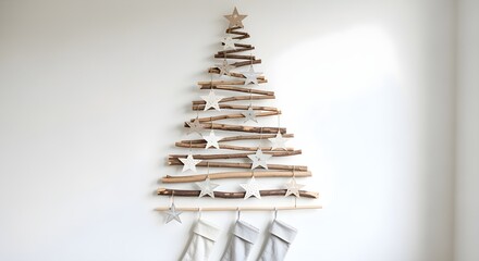 Rustic driftwood Christmas tree art adorned with white stars and stockings for a cozy holiday display.