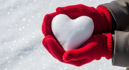 Snow heart in red mittens on snowy winter day