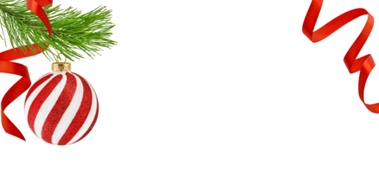 Christmas ornament round red ball red white hanging from fir tree branch and satin ribbon isolated with empty space for text isolated on white background with clipping path. Design element. Banner.