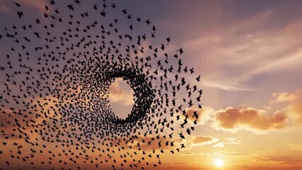 Dramatic bird swarm forming a vortex against a vivid sunset sky,Nature spectacle,Unique sky