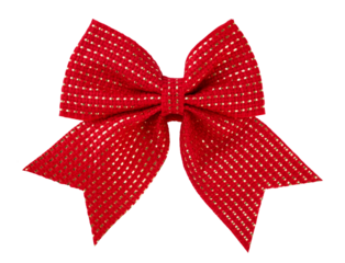 Red satin bow with ribbed texture and symmetrical shape isolated on white background with clipping path. Design element. Making it for Christmas gifts, packaging design, holiday cards Valentines Day.