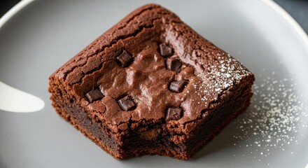 Rich fudgy chocolate brownie square with dense texture and glossy surface dusted with powdered sugar on white plate - perfect for bakery, chocolate dessert, and indulgent food photography

