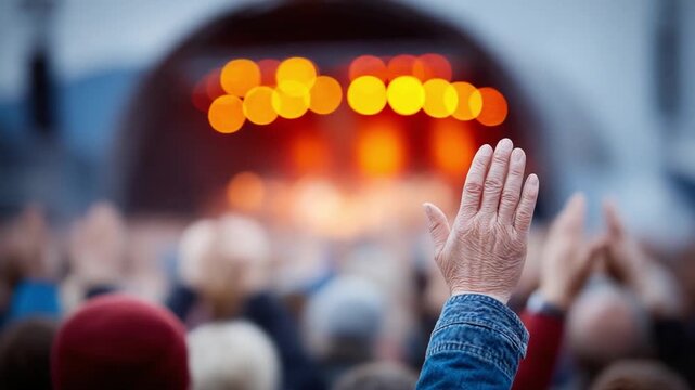 Applauding Applause: A captivated audience member raises a hand in fervent appreciation, illuminated by the captivating glow of stage lights, showcasing an atmosphere of unity and jubilation.