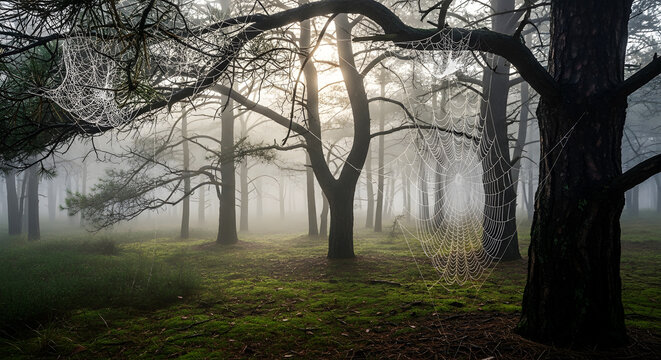 Dew-covered spiderwebs glistening on tree branches in a misty forest nature