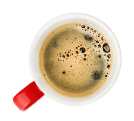 Cup coffee with creamy milk foam in red cup isolated with clipping path. Top view. Element for design.