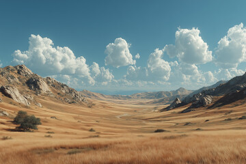 Majestic mountain valley with golden fields under blue sky and fluffy clouds
