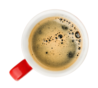 Cup coffee with creamy milk foam in red cup isolated with clipping path. Top view. Element for design.