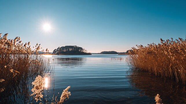 Lake view with sun, reeds, and islands under clear sky on a bright day - Powered by Adobe