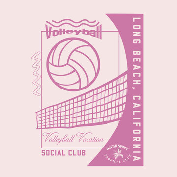 Volleyball vector athletic graphic. sports poster. women's girl's vector t shirt graphics. Long Beach California Volleyball vacation poster design. summer tee shirt design.