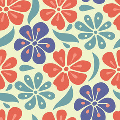 Retro style daisy flower pattern with blue leaves on coral background.