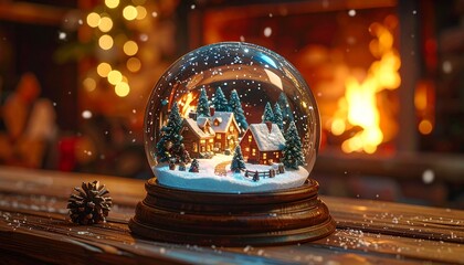 A snow globe with a miniature winter scene sits on a wooden surface, with a fireplace and Christmas lights in the soft background.