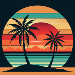 Retro sunset beach scene with palm tree and beach hut.