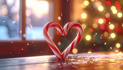 Two candy canes form a heart shape on a wooden surface with a Christmas tree in the background.
