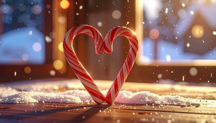 A candy cane heart stands on a snowy surface with a window in the background, creating a festive scene.