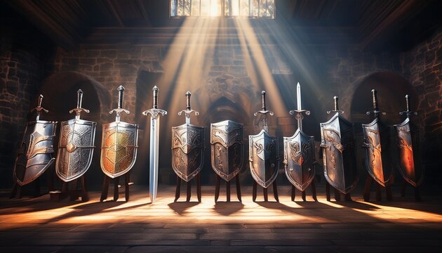 exhibit showing medieval armor swords and shields under bright display lights
