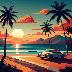 Retro synthwave sunset over tropical ocean with palm trees and mountains.