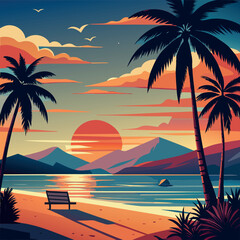 Retro synthwave sunset over tropical ocean with palm trees and mountains.