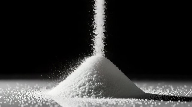 White granules falling forming a pile on a surface against dark background