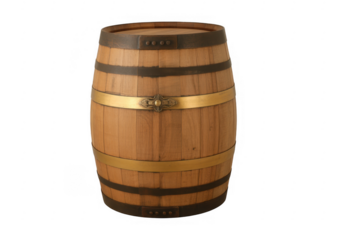 Wooden barrel with metal bands and decorative clasp isolated on a transparent background