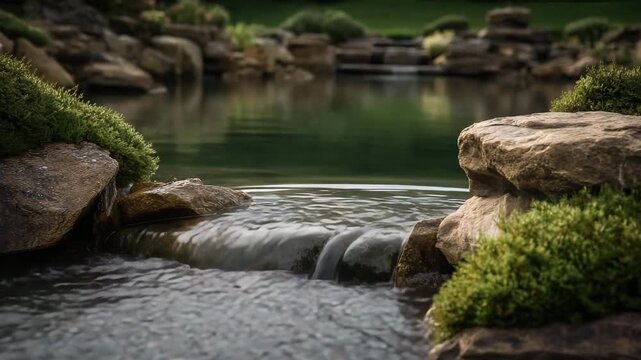 Fish jumps over rocky stream in a serene natural setting