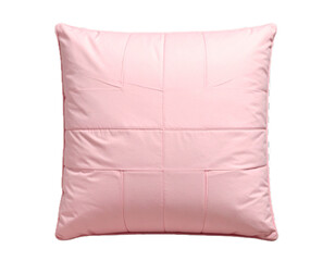 A soft light pink square cushion features a subtle textured pattern, standing alone against a transparent background