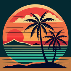 Retro sunset beach scene with palm tree and beach hut.