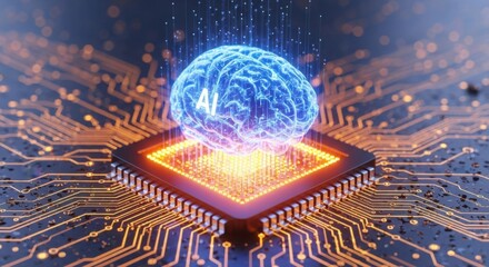 Artificial intelligence brain on glowing cpu processing data on circuit board, technology