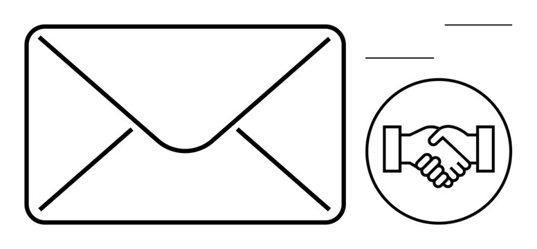Email communication. Icon of a mail envelope with a handshake symbol business communication and agreements. Email is key for business networks and deals. For business communication, branding
