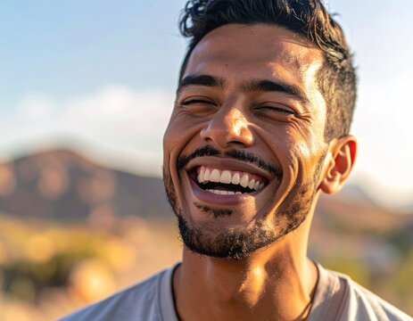 Close-up of joyful man laughing with eyes closed outdoors - Powered by Adobe