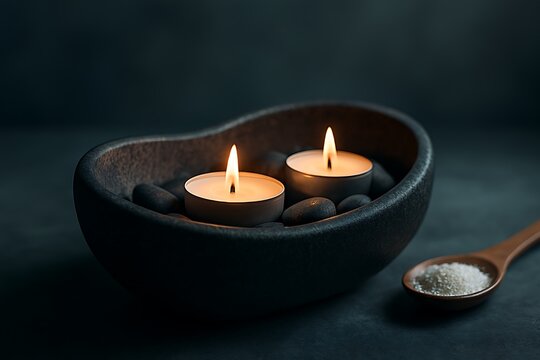 Two lit tea light candles in a dark stone bowl with small stones and a wooden spoon of salt