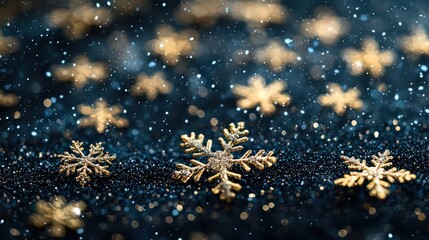 Luxurious Christmas snowflakes on a blue background. Ideal for seasonal designs. Gold balls, stars and spirals will add sparkle to your designs. Chic, glamorous style.