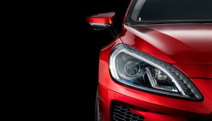 closeup on headlight of a generic and unbranded red car on a black background