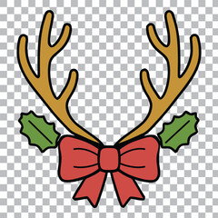 Whimsical christmas reindeer antlers with red bow and holly accent transparent background.