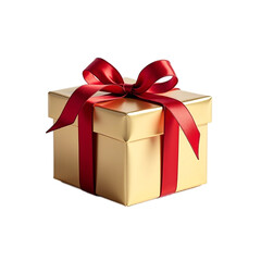 Obraz premium A golden gift box wrapped with a vibrant red satin ribbon, perfect for celebrating special occasions and creating a joyful, festive atmosphere of giving
