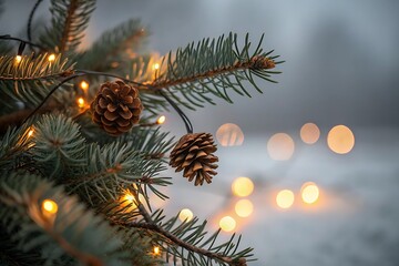 Winter holiday fir branch with warm fairy lights and pinecones