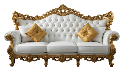 Sofa, white tufted upholstery and gold carved wood