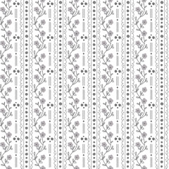 Seamless pattern of flowers, stems and leaves, vertical straight lines and waves, textured polka dots in dark brown. Blank background for textiles, handkerchiefs, tablecloths, napkins, wallpaper.
